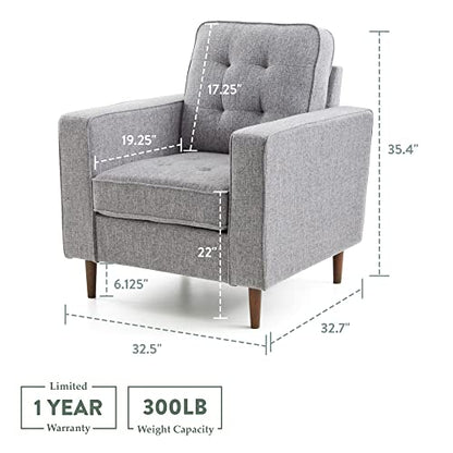 Lynnwood Upholstered Accent Chair - Living Room Furniture - Office - Bedroom - Mid-Century Modern Design - Armchair - Buttonless Tufting - Simple Assembly - Solid Frame - Light Gray