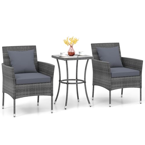 3 Pieces Patio Furniture Set, PE Rattan Outdoor Conversation Set with Tempered Glass Table & Soft Cushions, Wicker Bistro Set for Garden, Porch, Balcony (Grey)