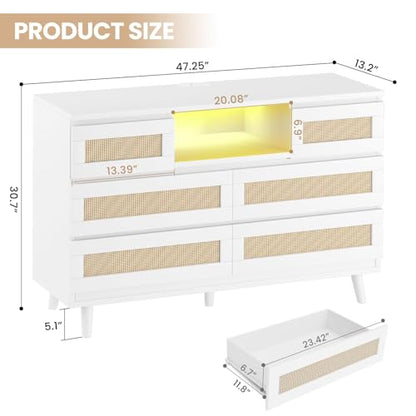 Modern Rattan 6 Drawer Dresser with LED Light & Charging Station – Deep Storage Chest for Bedroom, Closet, Nursery, Living Room, Entryway, TV Stand – White
