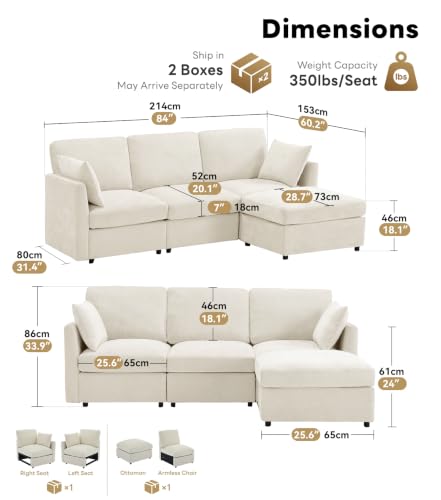 Sectional Cloud Couch for Living Room, Spring Cushion Seating, L Shaped Convertible Modular Sofa with Ottoman, Beige