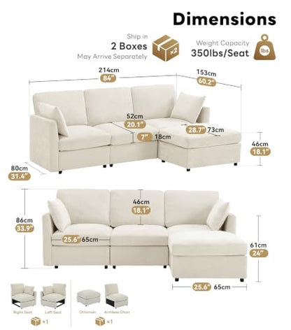 Sectional Cloud Couch for Living Room, Spring Cushion Seating, L Shaped Convertible Modular Sofa with Ottoman, Beige