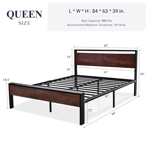 Queen Size Bed Frame, Heavy Duty 12 Metal Slats Support, Mahogany, view 3