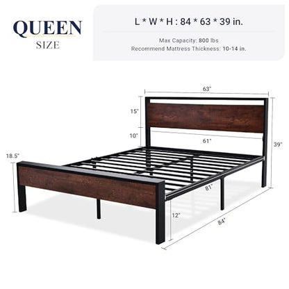 Queen Size Bed Frame, Heavy Duty 12 Metal Slats Support, Mahogany, view 3