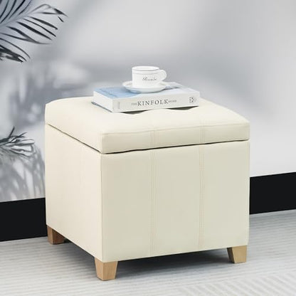 Faux Leather Storage Ottoman with Hinged Lid, 17.5 Inch High Cream White Square Cube Foot Stool with Storage, Upholstered Vanity Stool with Solid Wood Legs for Living Room, Bedroom, Dorm
