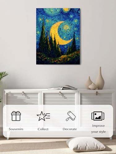 NuYeBiofx Abstract Moon Night Valley Forest Canvas Wall Art Prints,48"x32" Framed Picture Artwork Mystical Impressionist Art Printed Canvas Oil Painting for Living Room Bedroom Office,Ready to Hang