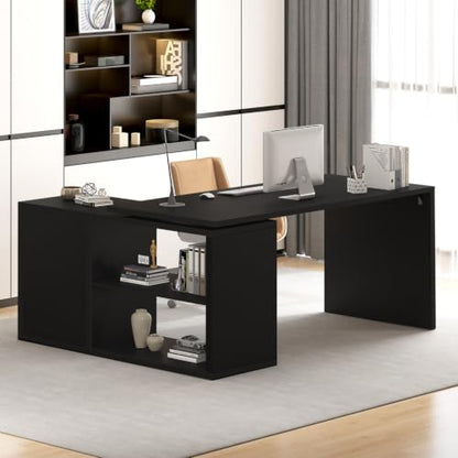 Black L Shaped Computer Desk, Wood Corner Desk with Storage, 55 Inch, view 2