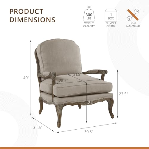 Parlier Show Wood Accent Chair - Mid Century Modern Chair for Living Room, Traditional French Country Style, Padded Arms, Reversible Cushion, Solid Wood Frame, Arrives Assembled, Neutral