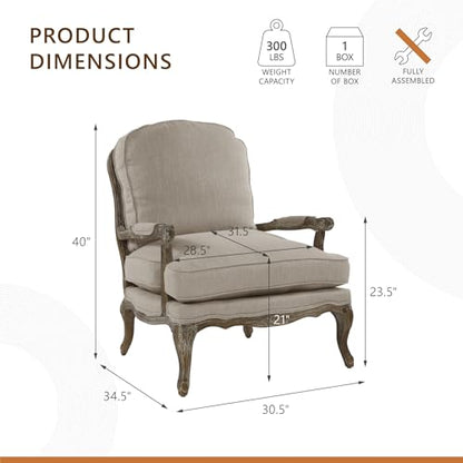 Parlier Show Wood Accent Chair - Mid Century Modern Chair for Living Room, Traditional French Country Style, Padded Arms, Reversible Cushion, Solid Wood Frame, Arrives Assembled, Neutral