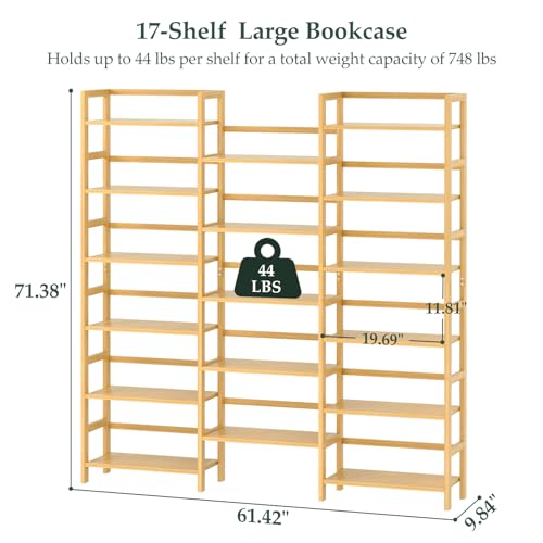 Bamboo Bookshelf, 71” Tall Triple Wide Bookcase with 17 Open Storage Shelves, 6-Tier Etagere with Back Rails, Large Display Shelf for Books, Plants, Home Office, Living Room, Max Load 748LBS