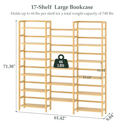 Bamboo Bookshelf, 71” Tall Triple Wide Bookcase with 17 Open Storage Shelves, 6-Tier Etagere with Back Rails, Large Display Shelf for Books, Plants, Home Office, Living Room, Max Load 748LBS