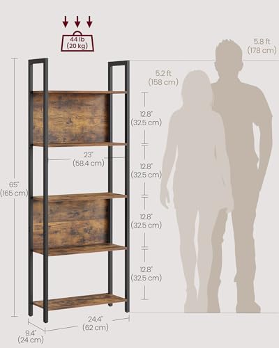 VASAGLE 5-Tier Bookshelf, Book Shelf, Industrial Bookcase, with Steel Frame, for Living Room, Home Office, Bedroom, 9.4 x 24.4 x 65 Inches, Rustic Brown and Black ULLS025B01
