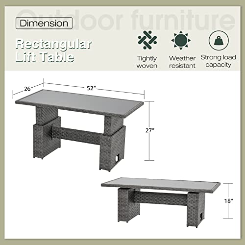 Outdoor Patio Lift Dining Table, Rectangle Patio Coffee Table with Glass Tabletop, Wicker Furniture Multi-Function Dining Table for Backyard, Deck, Garden, Grey