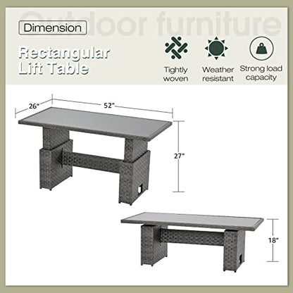 Outdoor Patio Lift Dining Table, Rectangle Patio Coffee Table with Glass Tabletop, Wicker Furniture Multi-Function Dining Table for Backyard, Deck, Garden, Grey