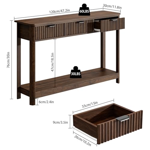 Fluted Wood Console Table with 3 Drawers, Boho Narrow Behind Couch Entryway Table with Open Storage Shelf, Modern Sofa Table for Living Room, Foyer and Hallway (Dark Walnut)