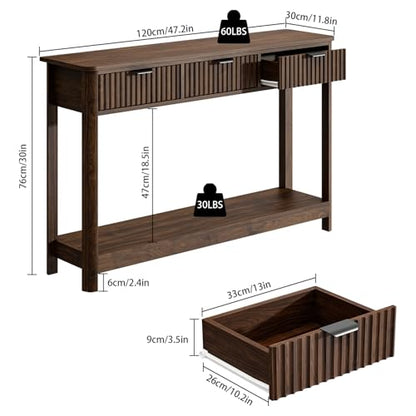 Fluted Wood Console Table with 3 Drawers, Boho Narrow Behind Couch Entryway Table with Open Storage Shelf, Modern Sofa Table for Living Room, Foyer and Hallway (Dark Walnut)