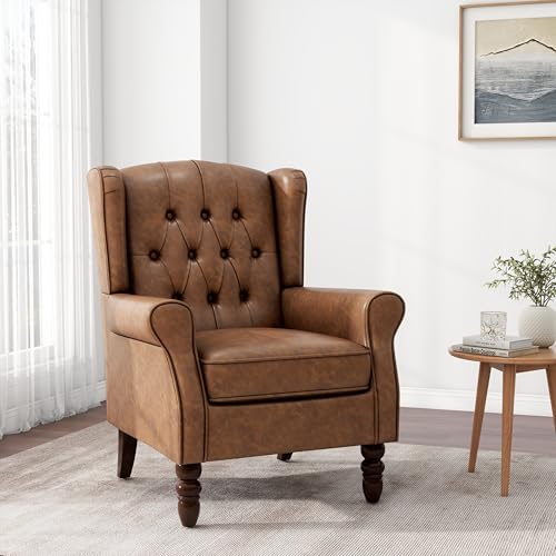 Accent Chair, Upholstered Armchair with Button Tufted High Back & Solid Wood Legs, Comfy Wingback Reading Single Sofa Chair for Small Spaces, Living Room, Bedroom (Leather Brown, Set of 2)