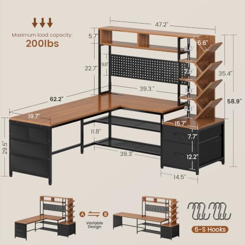 L Shaped Office Desk with Drawers and Hutch, view 3