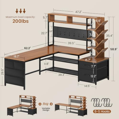 L Shaped Office Desk with Drawers and Hutch, view 3