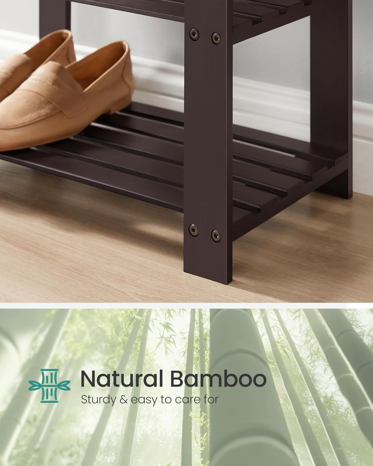 Bamboo Shoe Bench, 3-Tier Shoe Rack Organizer for Entryway, Living Room, Bench Seat Holds up to 300 Lb, 11.9 X 20.5 X 19.2 Inches, Rustic Walnut and Slate Gray ULBS504M01
