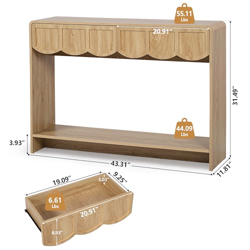 Console Table with Drawers, Mid-Century 43 Inches Narrow Entryway Table with Open Storage Shelves, Hallway Accent Tables Behind Couch Tables for Living Room - Natural