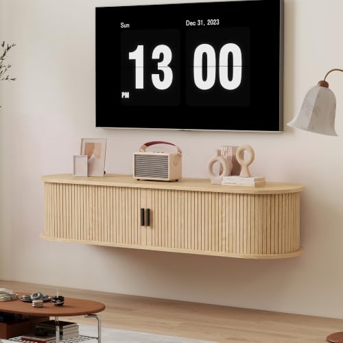 Floating TV Stand, Mid-Century Modern Media Console, Natural, view 3