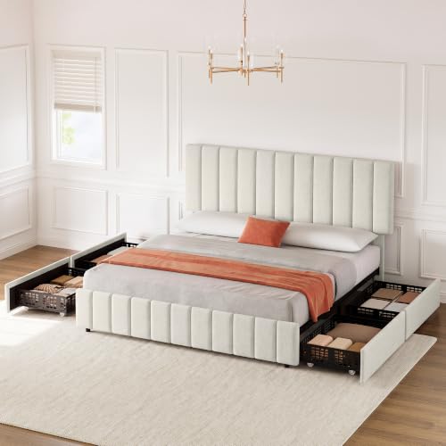 King Size Bed Frame, Linen Bedframe with 4 Storage Drawers, Beige, view 7