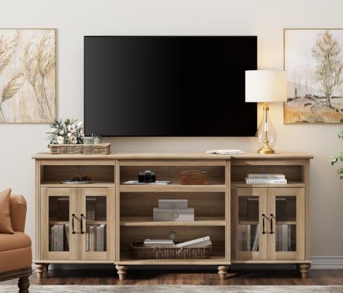 Farmhouse TV Stand for TVs Up to 75 inch, TV Cabinet with Glass Door and Shelf, view 2