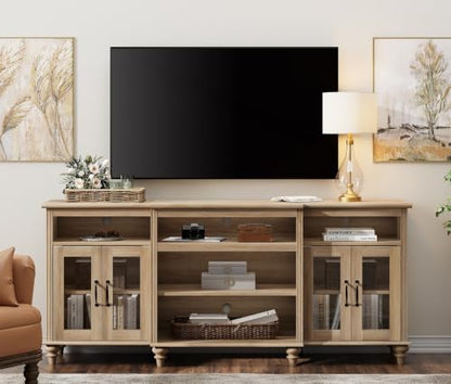 Farmhouse TV Stand for TVs Up to 75 inch, TV Cabinet with Glass Door and Shelf, view 2