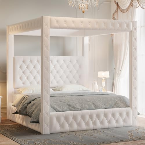 Queen Canopy Bed Frame Velvet Upholstered Headboard, Cream, view 2