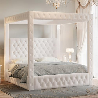 Queen Canopy Bed Frame Velvet Upholstered Headboard, Cream, view 2