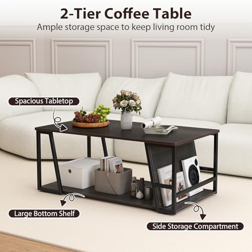 Modern Coffee Table with Storage, 2-Tier Rustic Wood Center Table with Shelf, Compartment, Metal Frame, Rectangular Geometric Living Room Table for Apartment (Espresso)