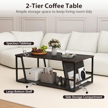 Modern Coffee Table with Storage, 2-Tier Rustic Wood Center Table with Shelf, Compartment, Metal Frame, Rectangular Geometric Living Room Table for Apartment (Espresso)