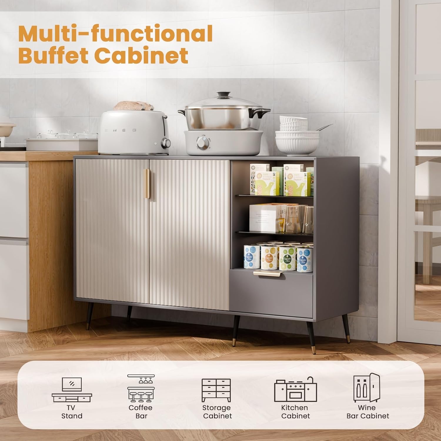 47" Wide Fluted Sideboard Cabinet with 2 Doors and Drawer, Sideboard Buffet Cabinet with Storage, Coffee Bar for Kitchen, Living Room, Entryway, 47.2" Wx15.7 Dx31.5 H,Grey