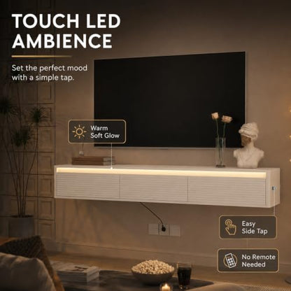 69" Fluted Floating TV Stand Wall Mounted with LED Power Outlets White, view 4