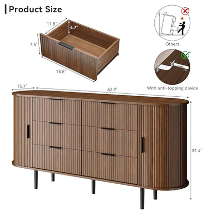 Fluted 6 Drawer Dresser for Bedroom, view 3