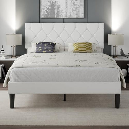 Full Bed Frame with Upholstered Tufted Headboard, Pure White, view 2