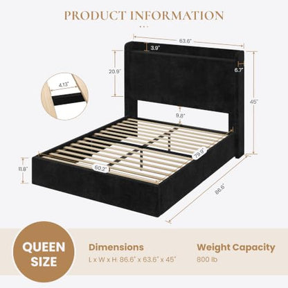 Queen Bed Frame with Chenille Storage Headboard and USB, Black, view 3