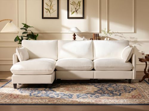 105" Modular Sectional Sofa, L-Shaped Cloud Couch with Oversized Large Cushions & Movable Ottoman, Chenille Deep Seat Couch for Living Room, Beige