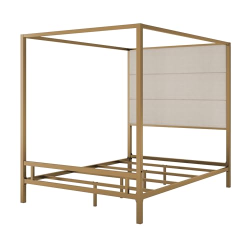 Canopy Bed Frame Queen, Tall Velvet Upholstered Headboard, view 6
