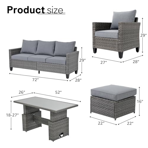 Outdoor Patio Furniture Set 6 Piece Wicker Conversation Set with Lift Coffee Table Sectional Dining Set 3 Seat Sofa Couch with Ottoman, Grey Wicker & Grey Cushion
