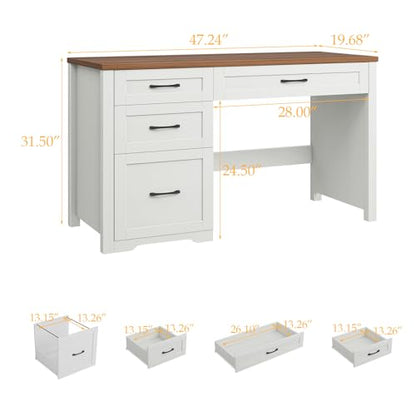 Farmhouse 47" Executive Desk with File Drawer, Wood Computer Desk with 3 Storage Drawers, Workstation for Home Office, Study, Writing