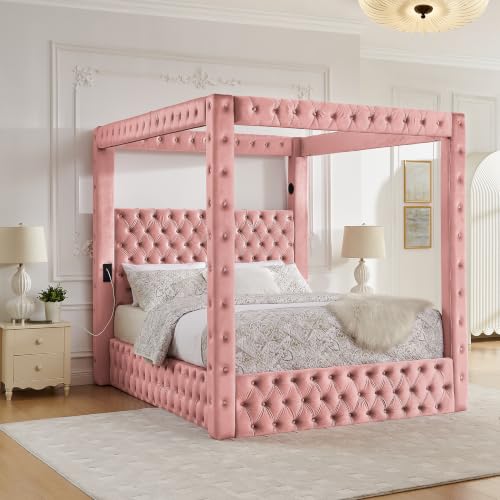 Queen Size Velvet Canopy Bed with Button Tufted Headboard, Pink, view 2
