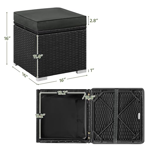 Yaheetech Wicker Ottomans, Set of 2 PE Rattan Side Tables, Black/Gray | Outdoor/Indoor Footstools with Hidden Storage & Removable Cushion, Additional Seating for Patio/Garden/Balcony/Yard