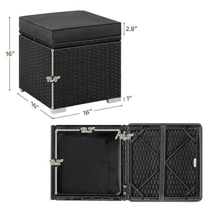 Yaheetech Wicker Ottomans, Set of 2 PE Rattan Side Tables, Black/Gray | Outdoor/Indoor Footstools with Hidden Storage & Removable Cushion, Additional Seating for Patio/Garden/Balcony/Yard