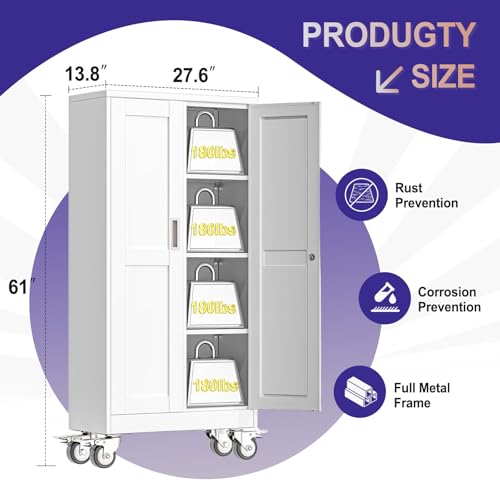 Metal Storage Cabinet with Wheels,Tall Rolling Garage Storage Cabinet with 2 Doors and 3 Adjustable Shelves - 61" Steel Lockable File Cabinet,Locking Tool Cabinets for Garage,Office,Gym,School(White)