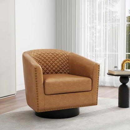 Swivel Barrel Accent Chair, Comfy Modern Upholstered Round Faux Leather Arm Chair for Living Room, Bedroom（Coffee, Set of 2