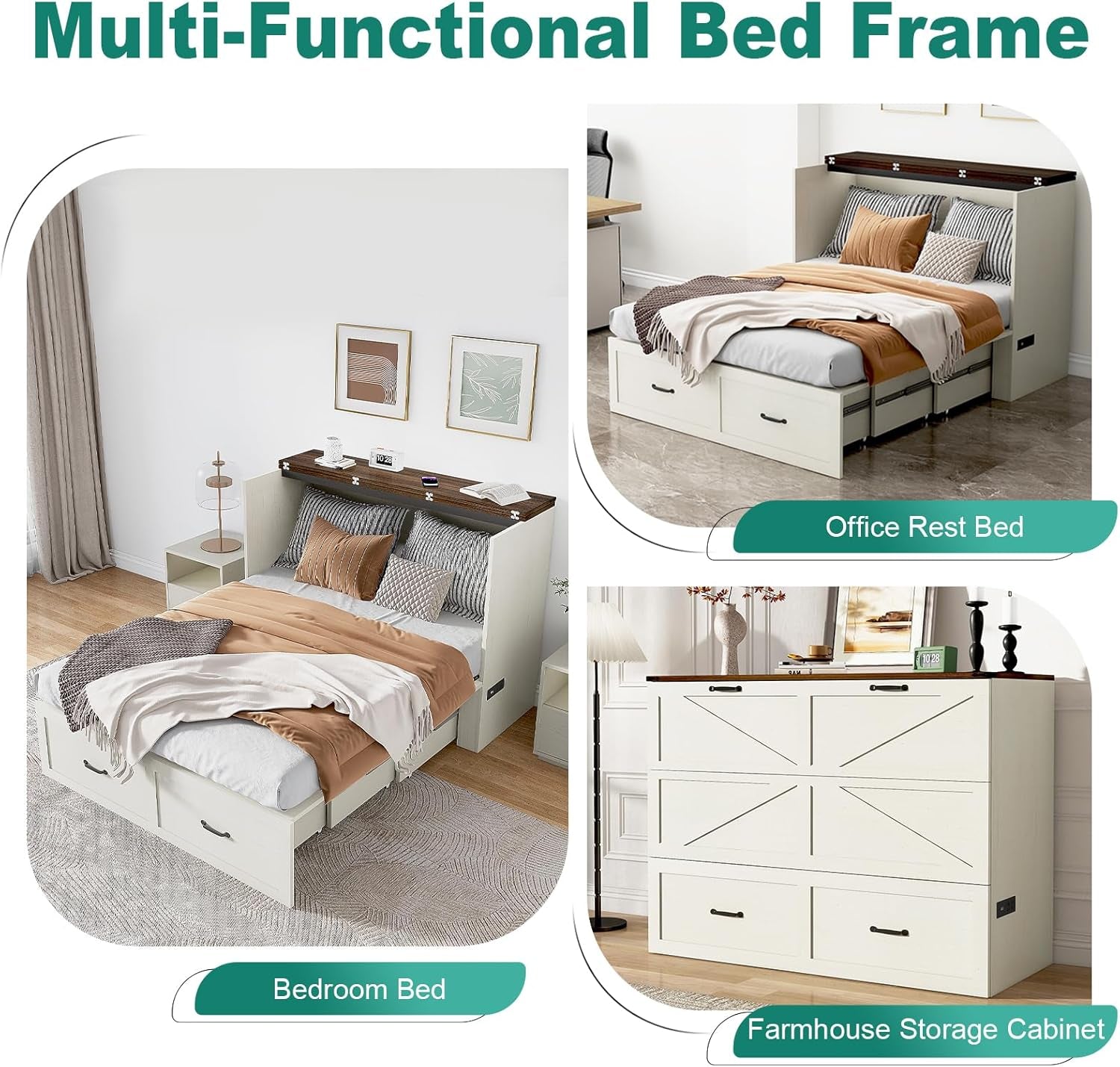 Queen Size Murphy Chest Bed with Drawer and Charging Station, Farmhouse Wood Space-Saving Hidden Folding Bed Chest, Multifunctional Storage Cabinet Beds for Bedroom, Office, Rustic White