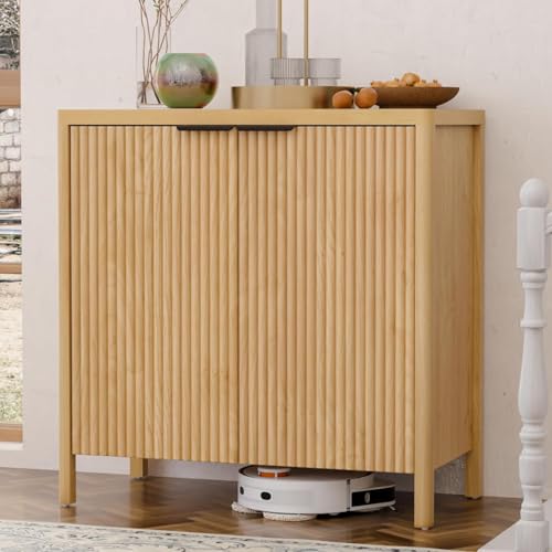 31.5'' Sideboard Buffet Cabinet with Storage Fluted Sideboard Buffet with Adjustable Shelves Coffee Bar Console Table Cabinet for Hallway Entryway Living Room or Kitchen Natural