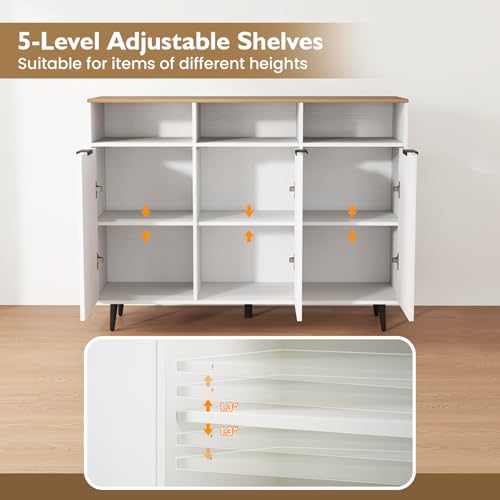 Sideboard Cabinet - 47” Buffet Cabinet with Storage Compartments, Countertop, 3 Doors Kitchen Cabinets, Modern Furniture for Living Room, Entryway, Coffee Bar (White & Natural)