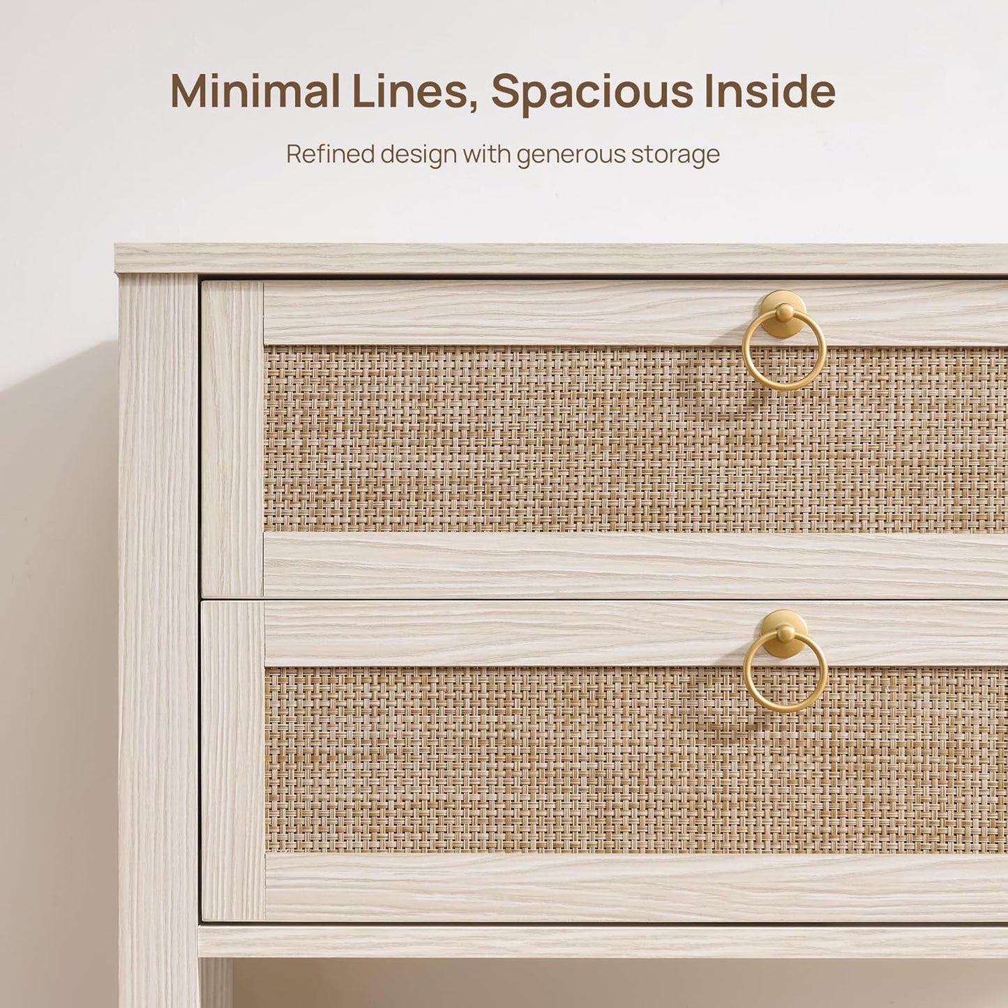 Boho Rattan Nightstand Set of 2, 26.7" Extra Wide Bedside Table with 2 Drawers & Open Shelf, White Oak Large Side Table for King Size Bed, Modern Coastal End Table for Master Bedroom